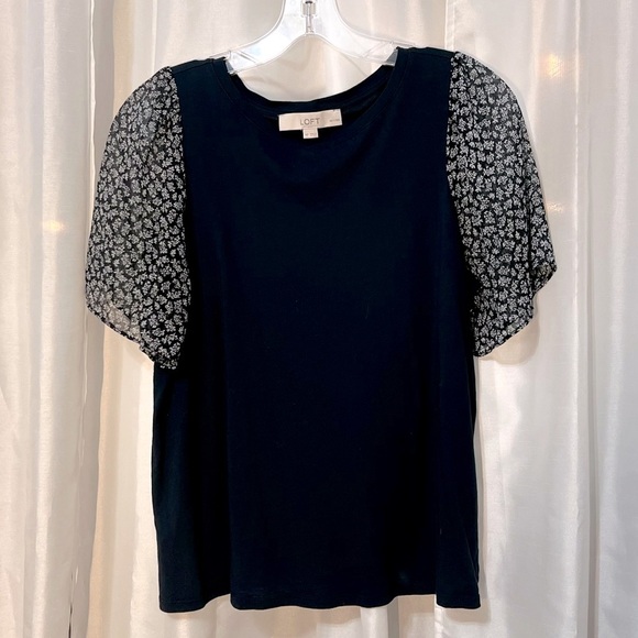 LOFT Tops - Loft Navy Cotton Top with Navy & White Flutter short sleeves